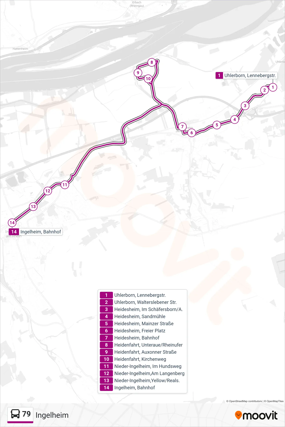 Linie 79 (Bus) Richtung Ingelheim: Route und Haltestellen auf der Karte