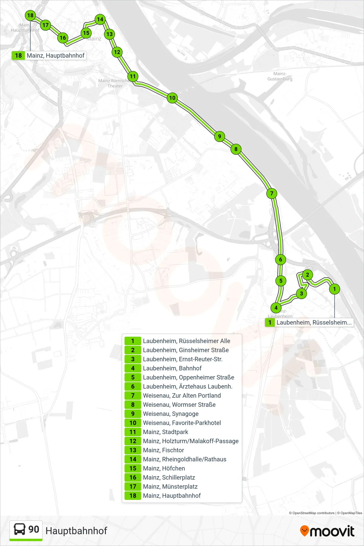 Linie 90 (Bus) Richtung Hauptbahnhof: Route und Haltestellen auf der Karte