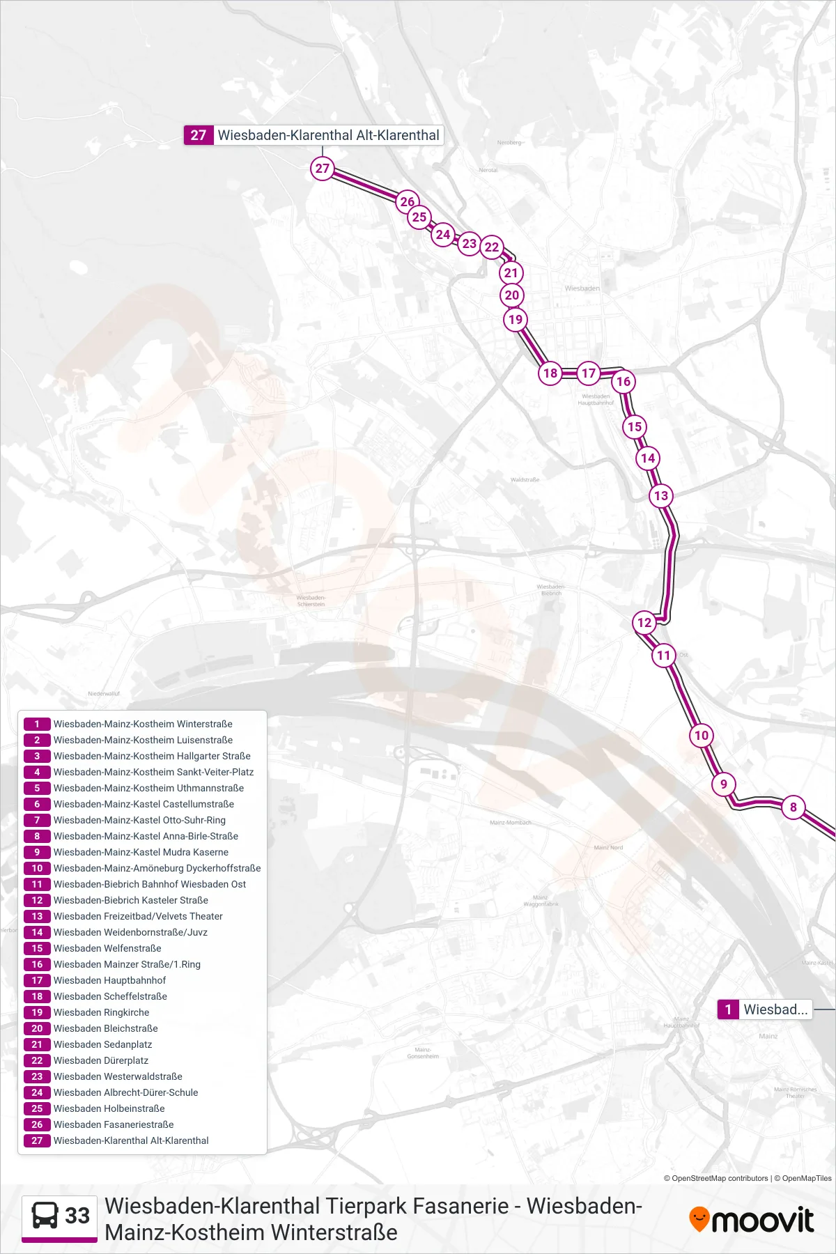 33 bus Line (Wiesbaden-Klarenthal Alt-Klarenthal) route and stops on a map