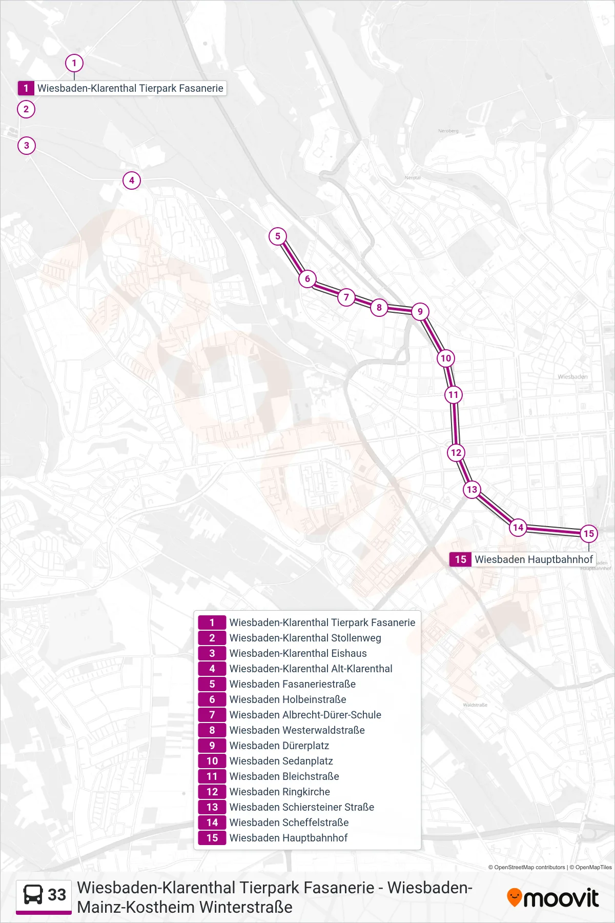 33 bus Line (Hauptbahnhof) route and stops on a map