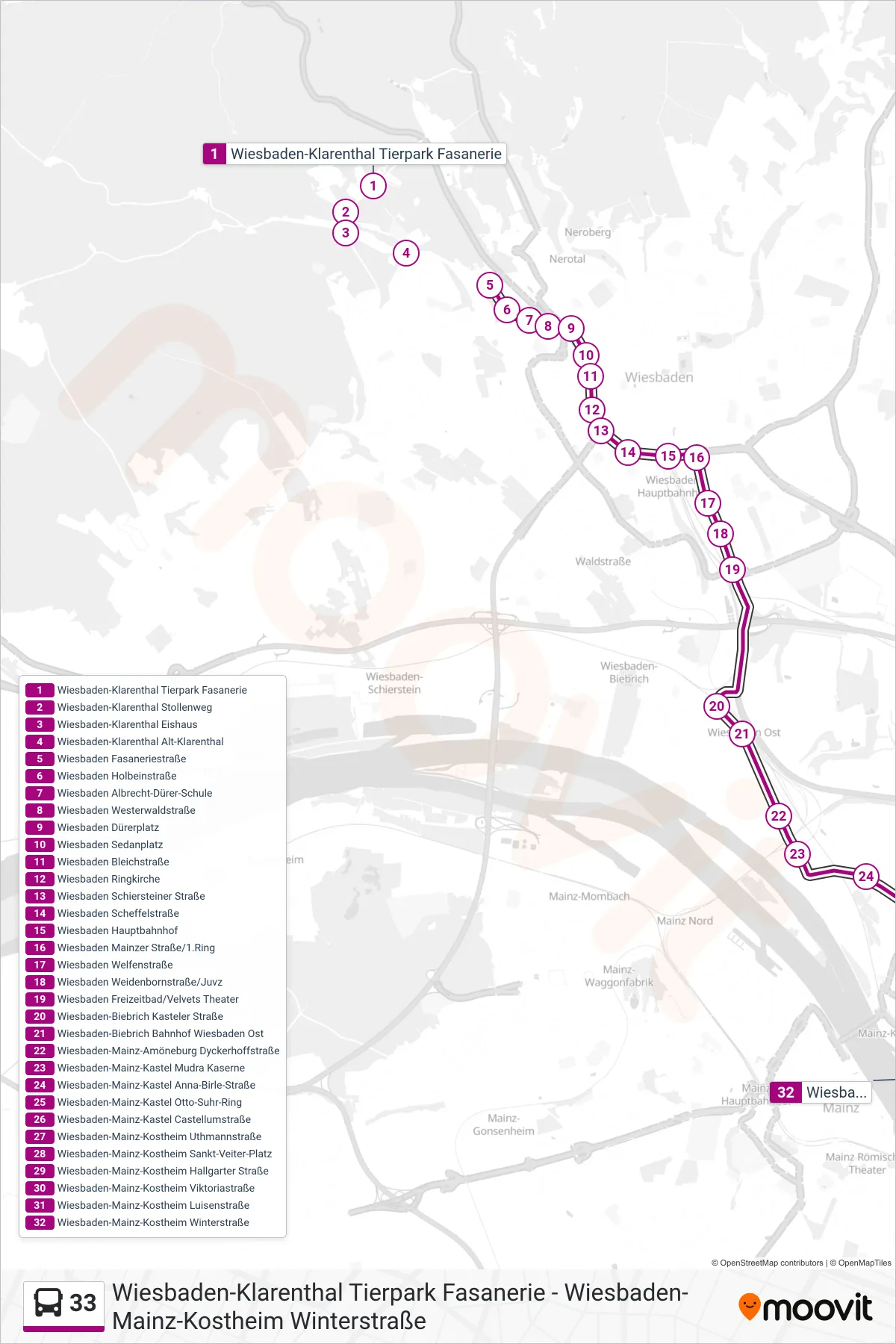 33 bus Line (Kostheim) route and stops on a map