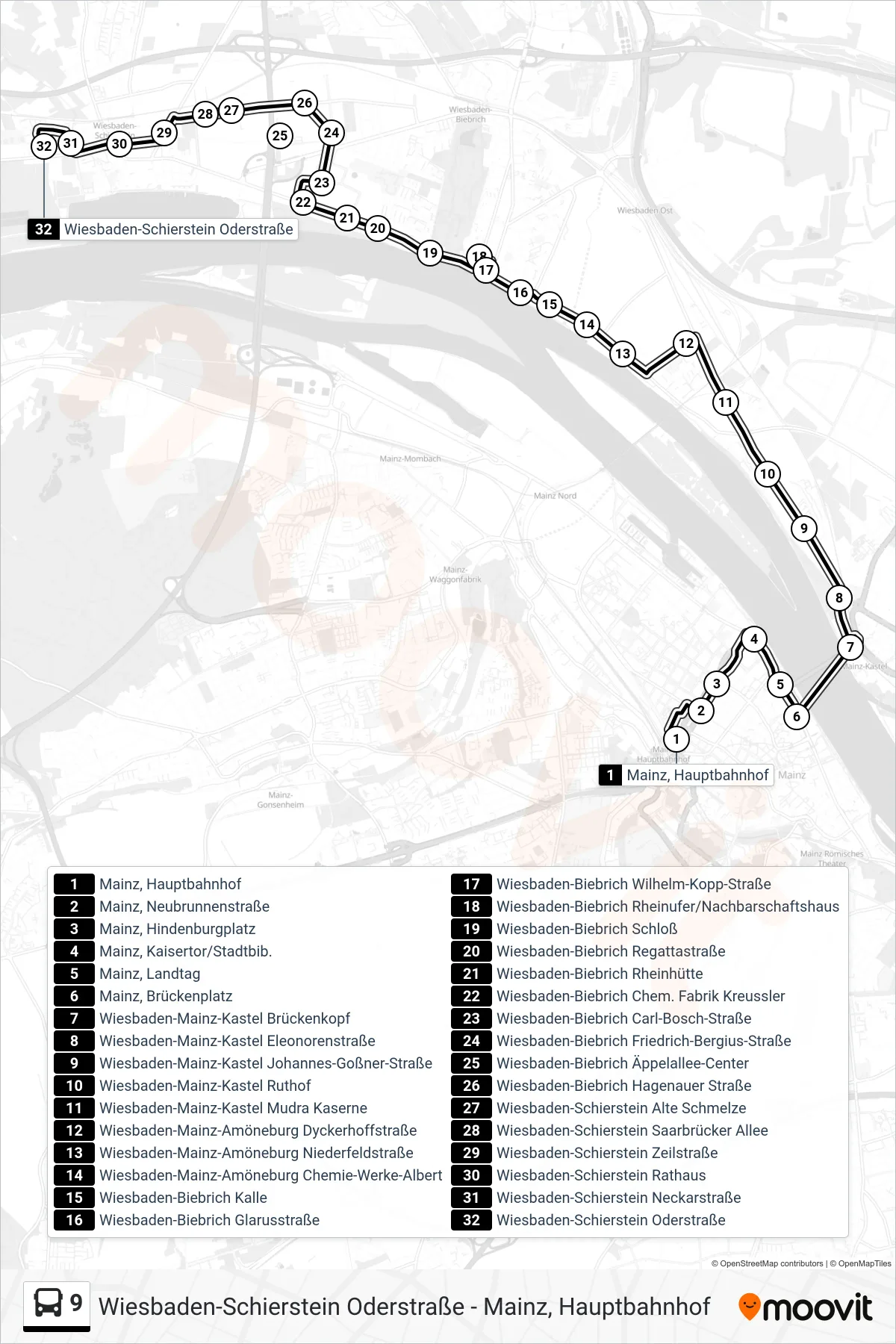 Linie 9 (Bus) Richtung Wiesbaden-Schierstein Oderstraße: Route und Haltestellen auf der Karte