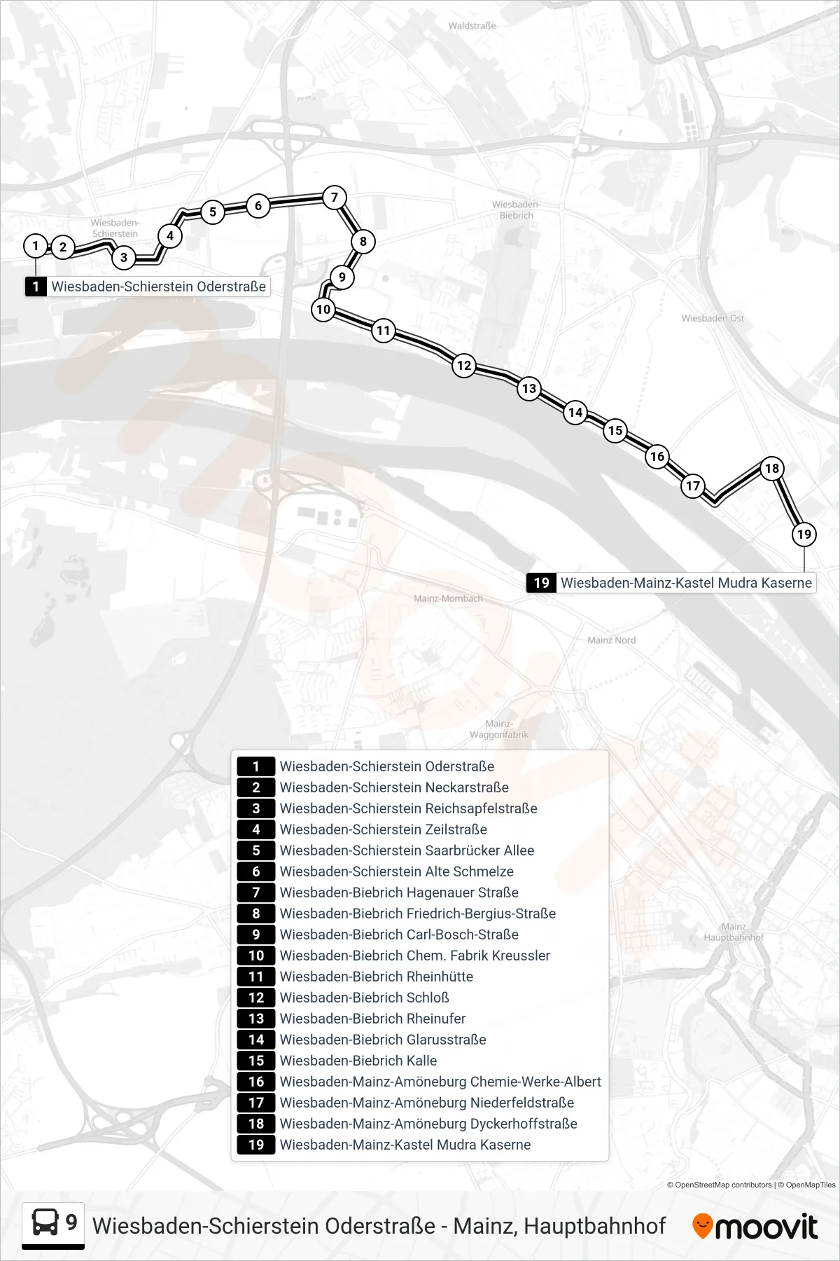 9 bus Line (Amöneburg/Mudra-Kaserne//Anschluss Nach Mainz) route and stops on a map