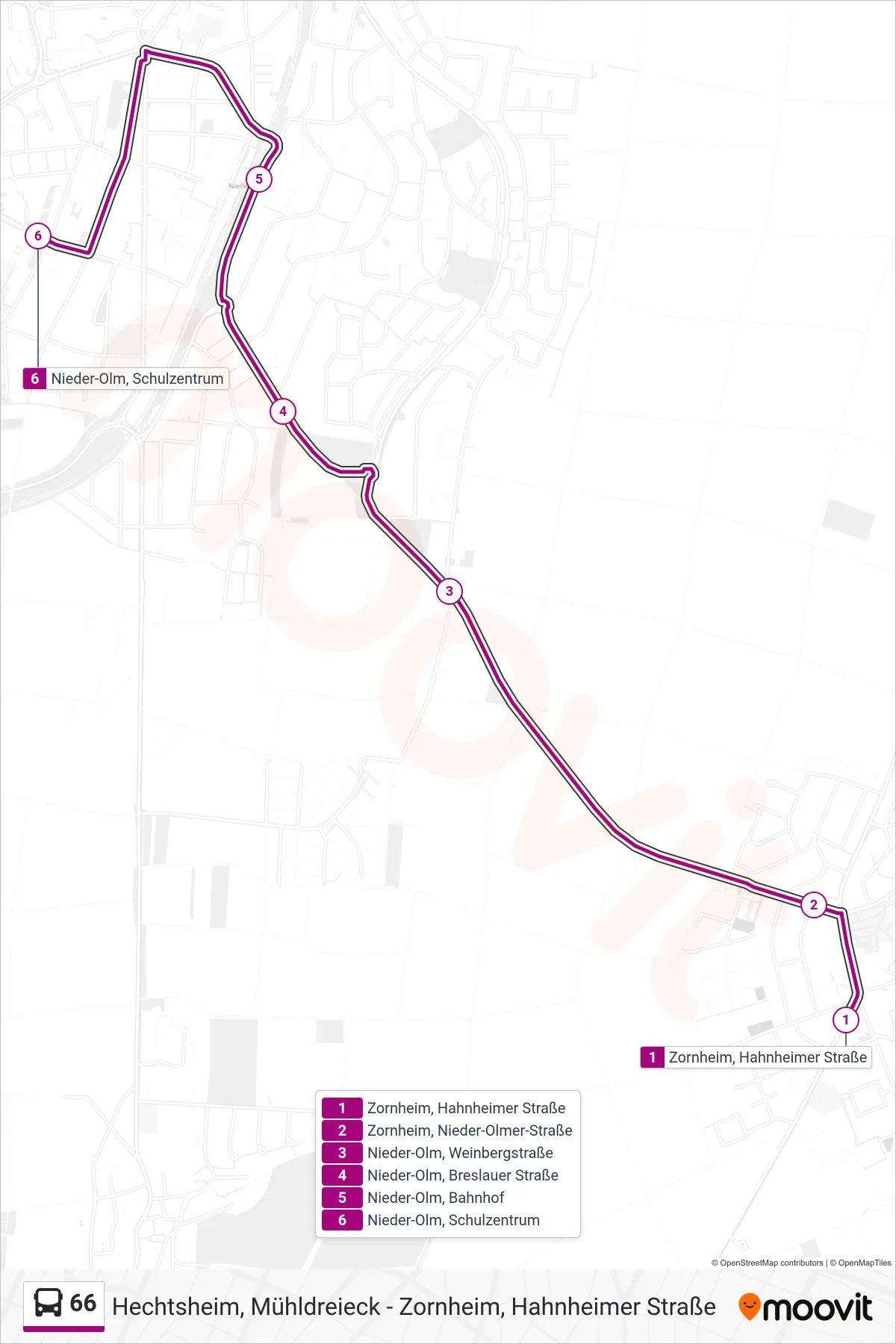 Linie 66 (Bus) Richtung Nieder-Olm: Route und Haltestellen auf der Karte