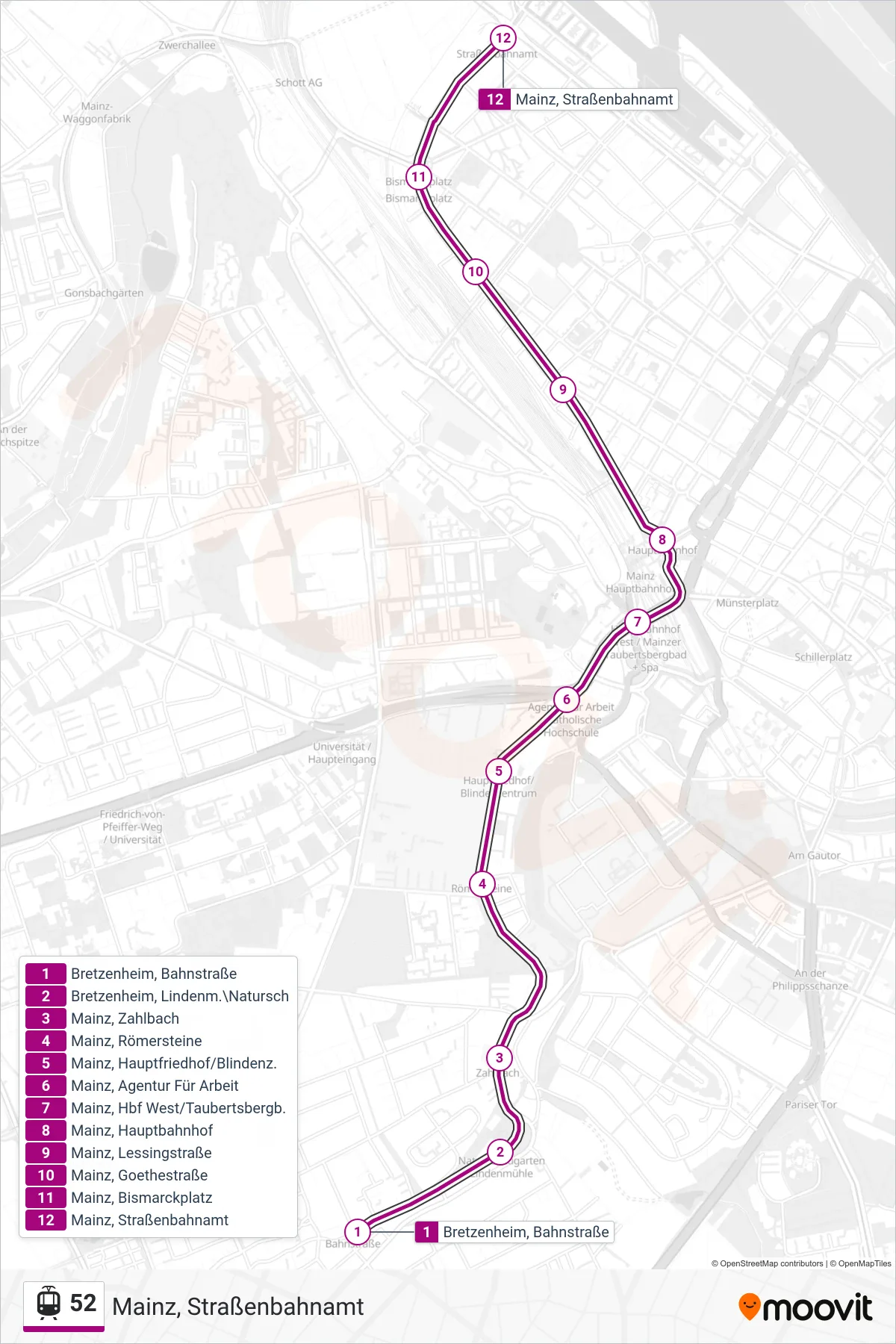 52 light rail Line (Mainz, Straßenbahnamt) route and stops on a map