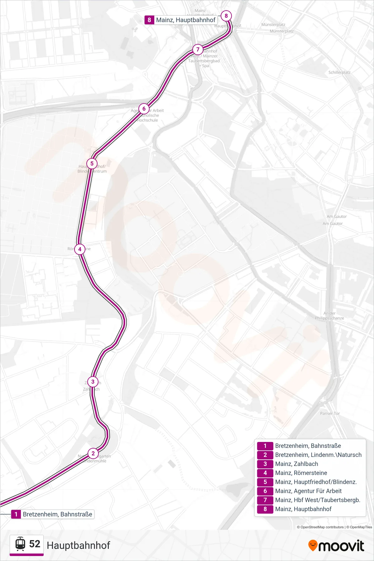 52 tram Line (Hauptbahnhof) route and stops on a map