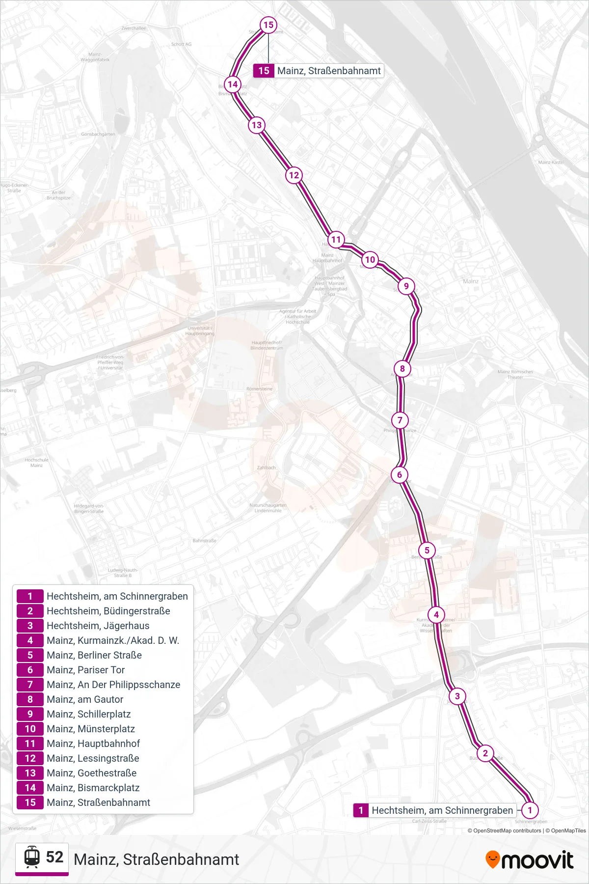 52 light rail Line (Mainz, Straßenbahnamt) route and stops on a map