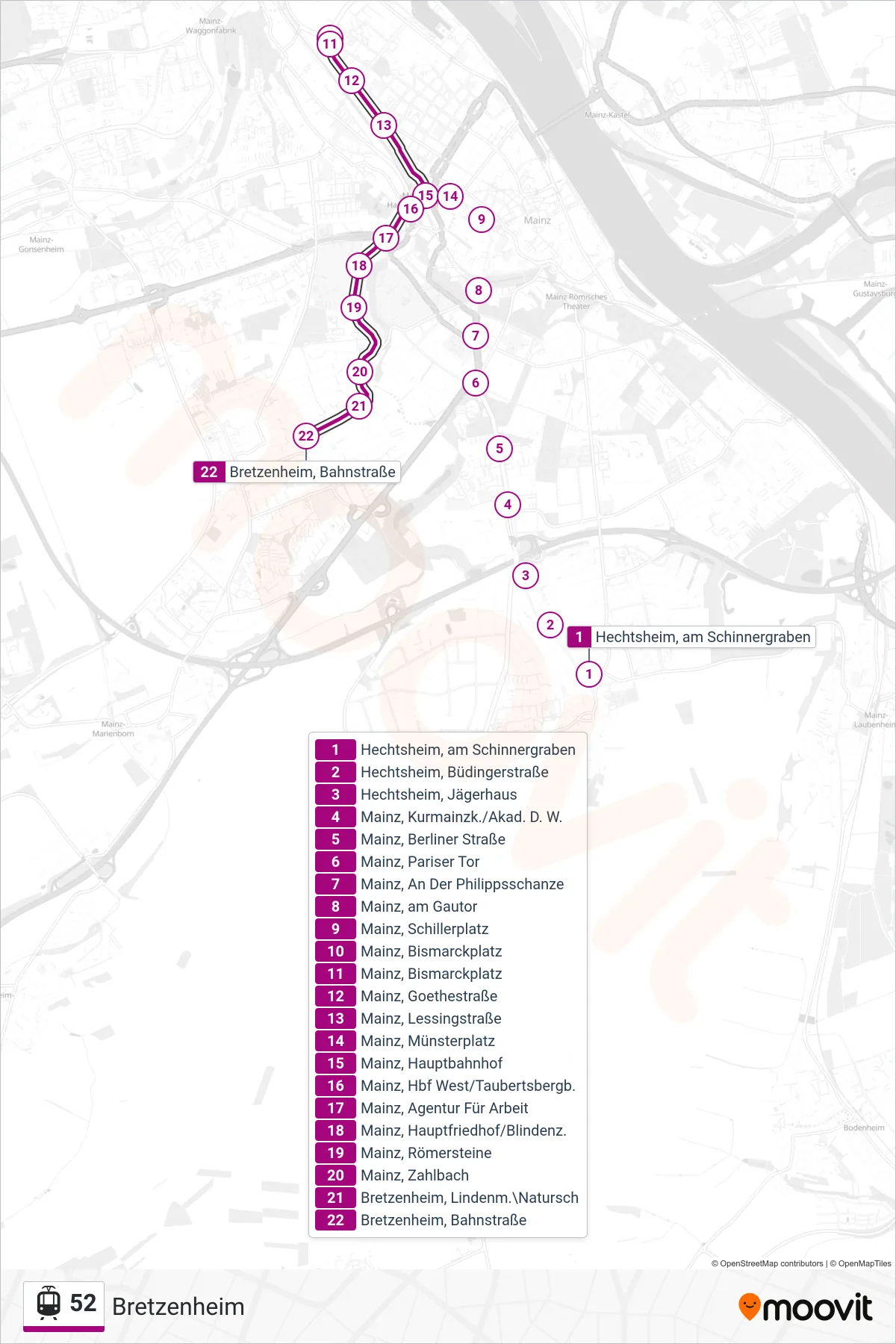 52 light rail Line (Bretzenheim) route and stops on a map