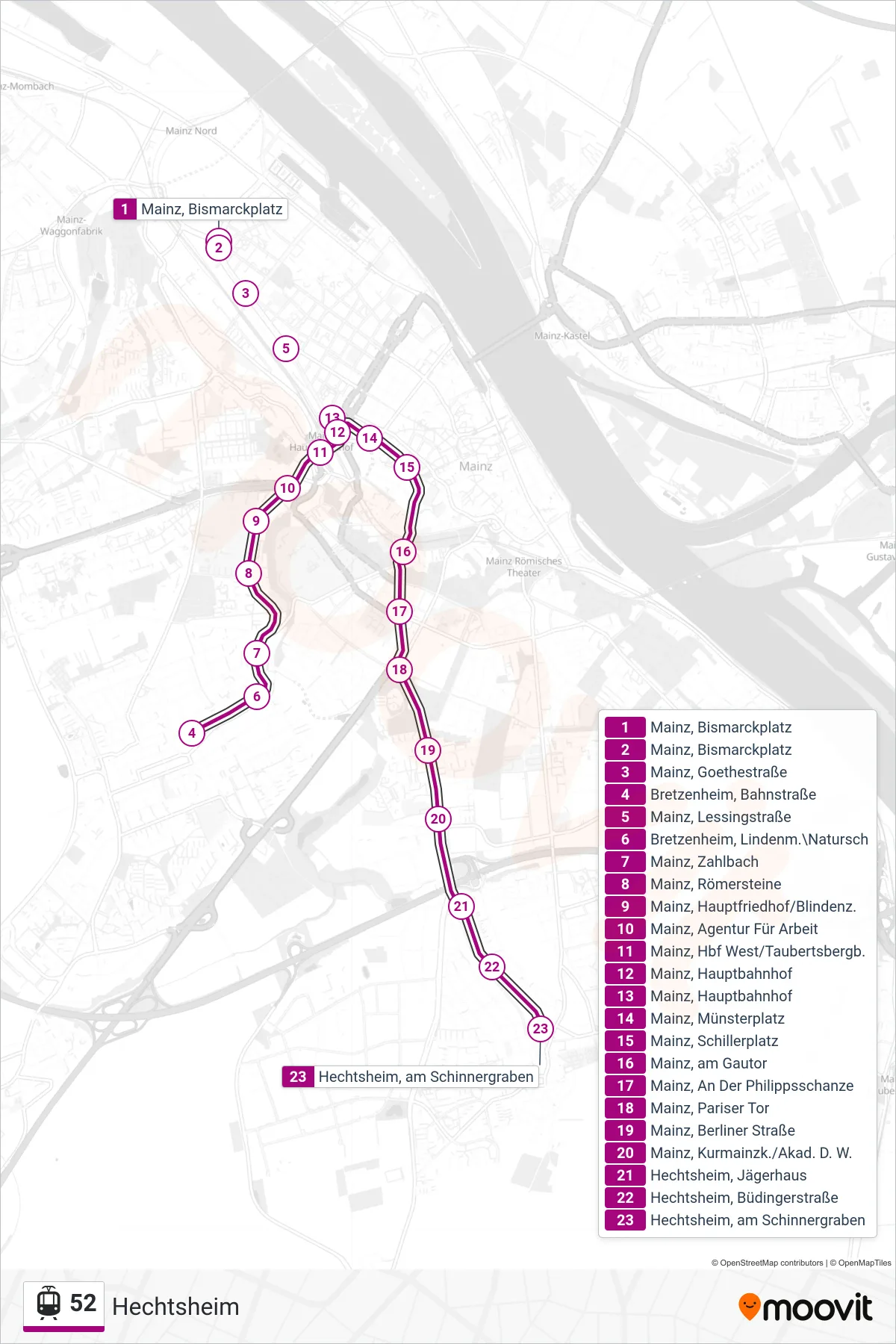 Linie 52 (Straßenbahn) Richtung Hechtsheim: Route und Haltestellen auf der Karte