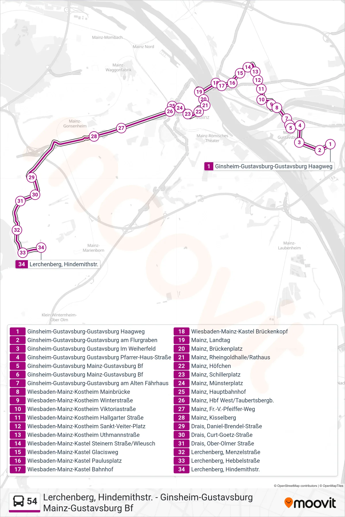 54 bus Line (Lerchenberg, Hindemithstr.) route and stops on a map