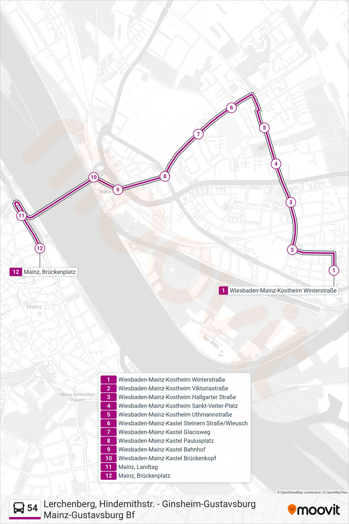 54 bus Line (Altstadt) route and stops on a map