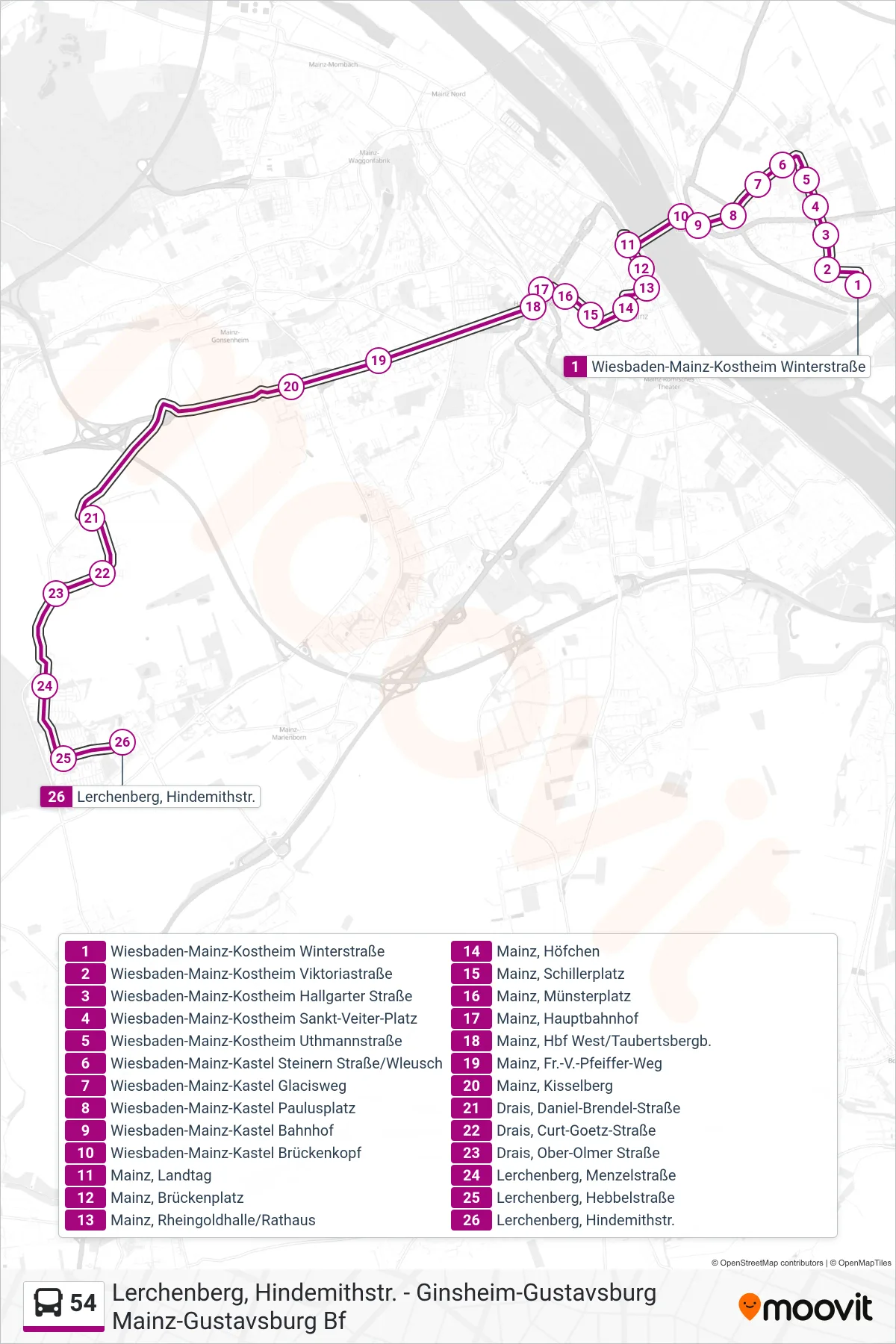 54 bus Line (Lerchenberg) route and stops on a map