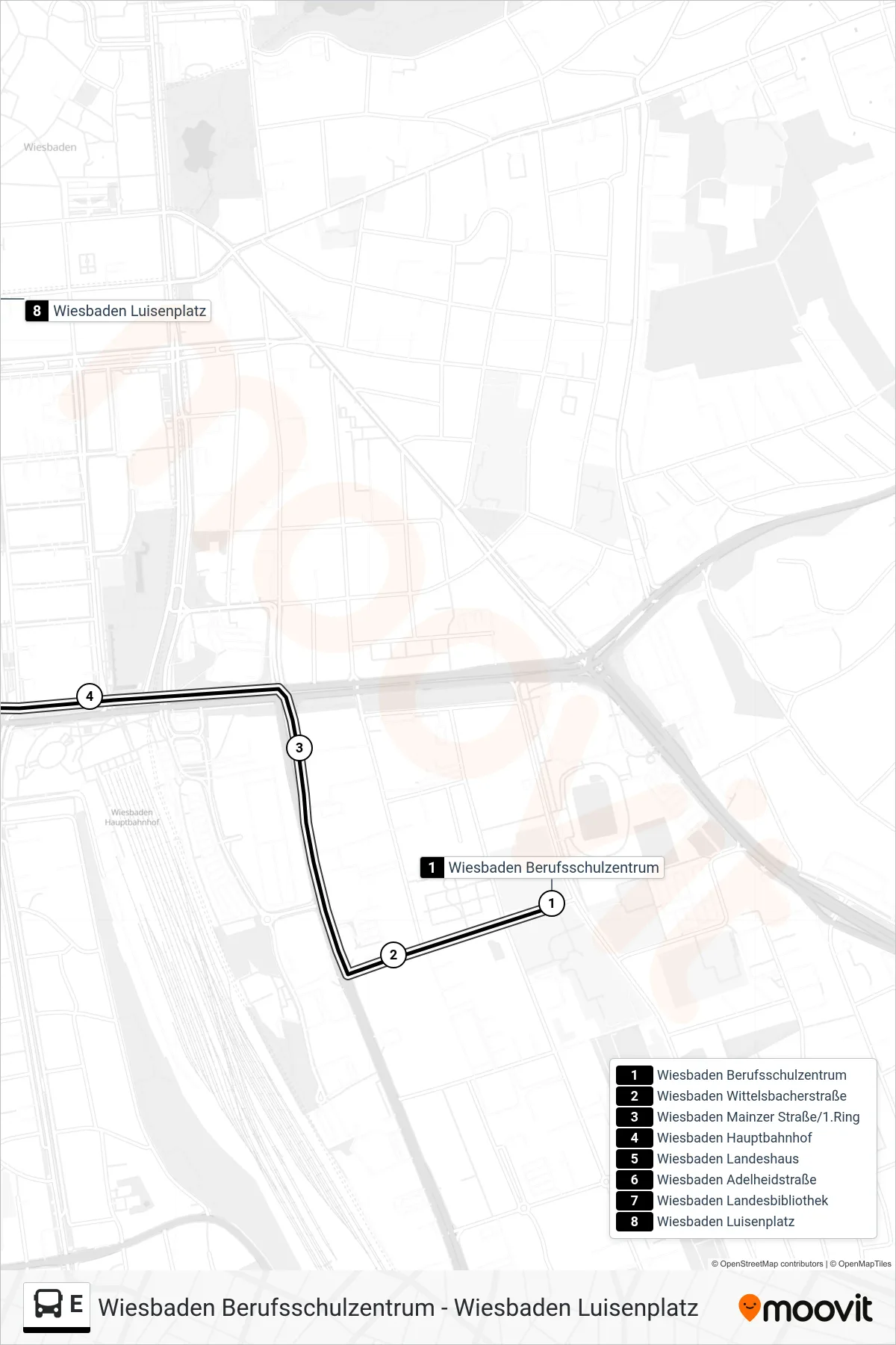 Linie E (Bus) Richtung Wiesbaden Luisenplatz: Route und Haltestellen auf der Karte
