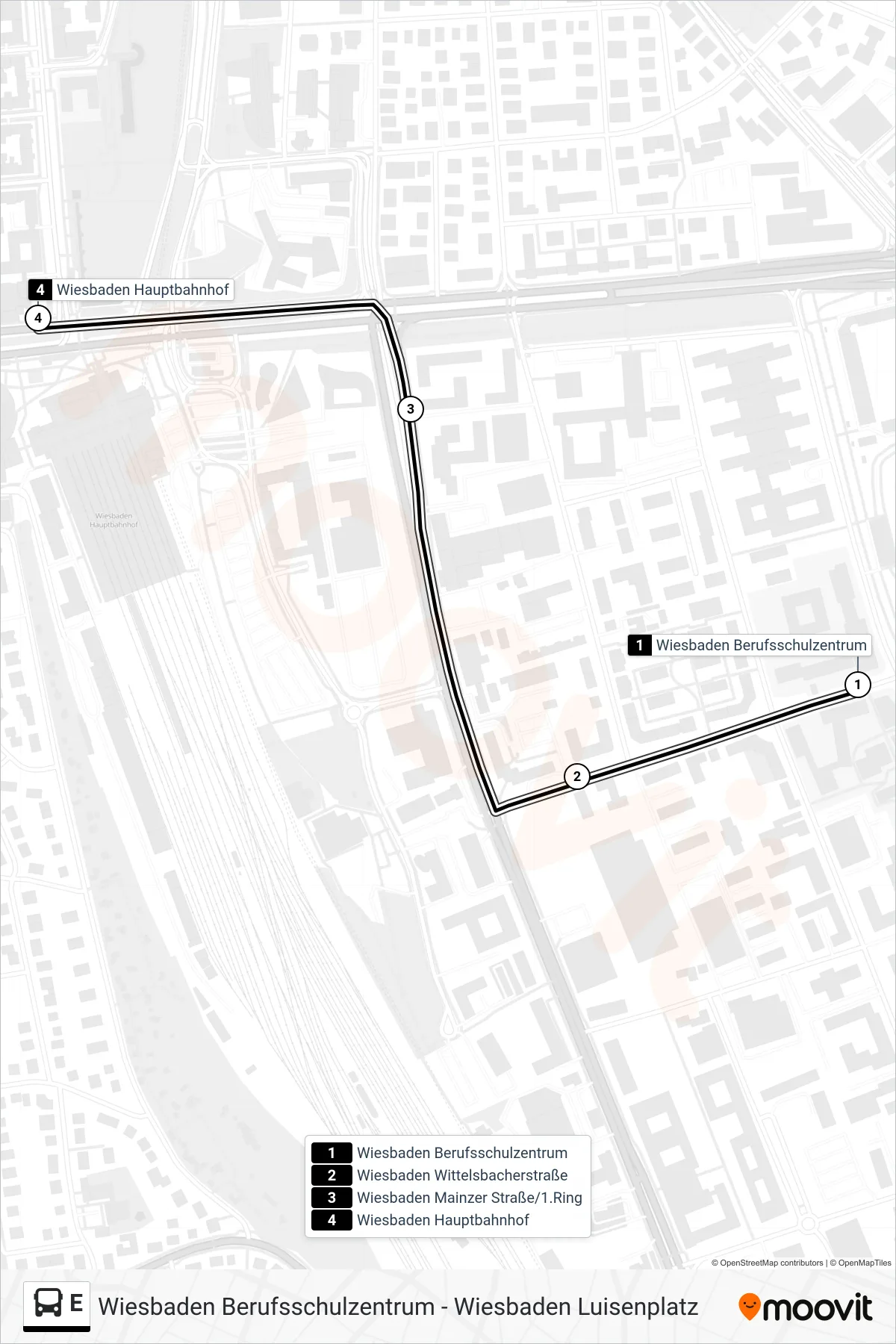 Linie E (Bus) Richtung Wiesbaden Hauptbahnhof: Route und Haltestellen auf der Karte