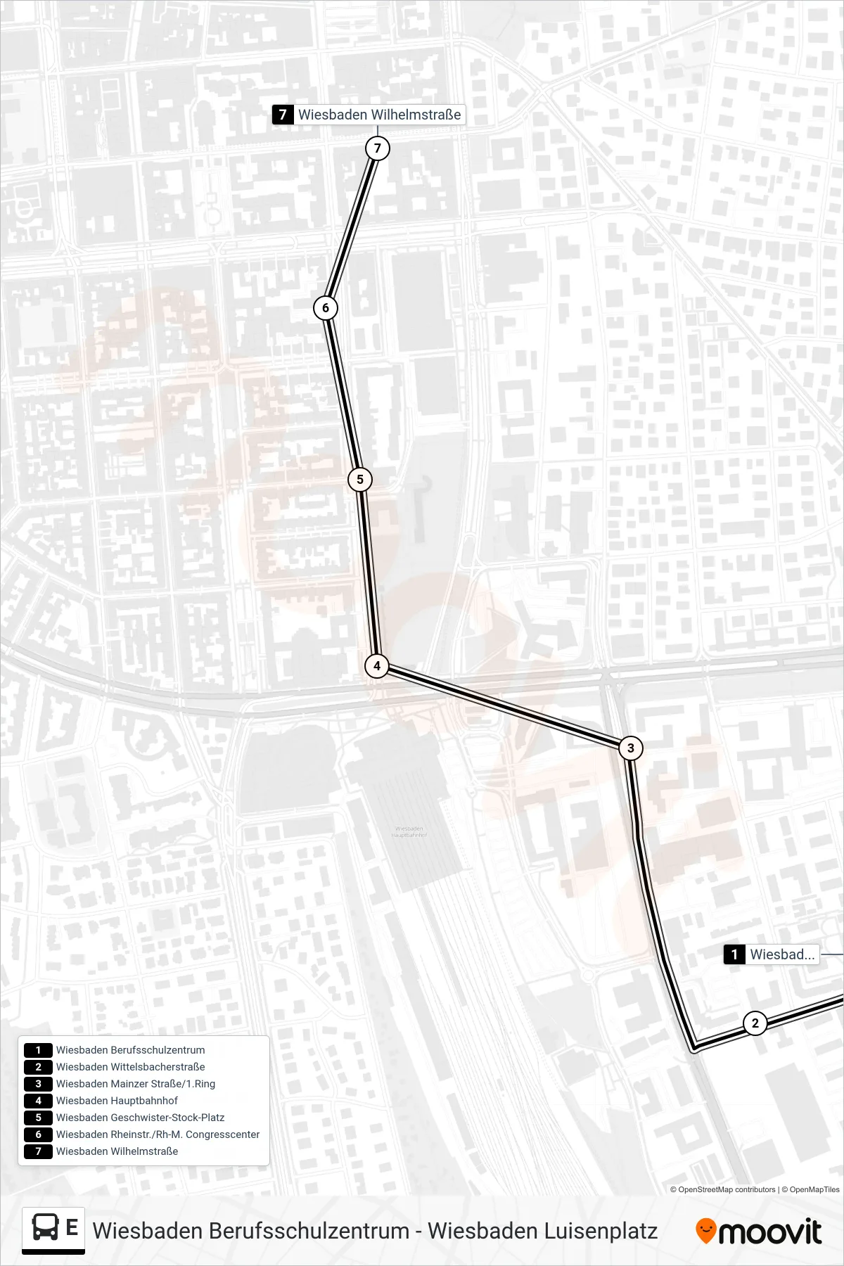 Linie E (Bus) Richtung Wiesbaden Wilhelmstraße: Route und Haltestellen auf der Karte
