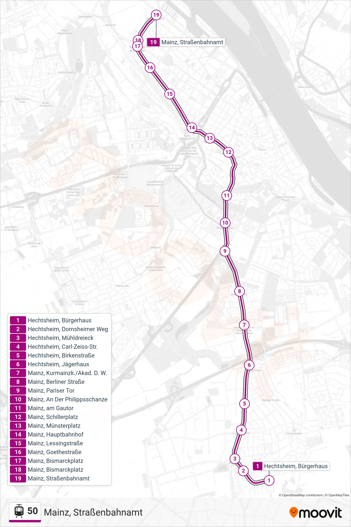 50 tram Line (Mainz, Straßenbahnamt) route and stops on a map
