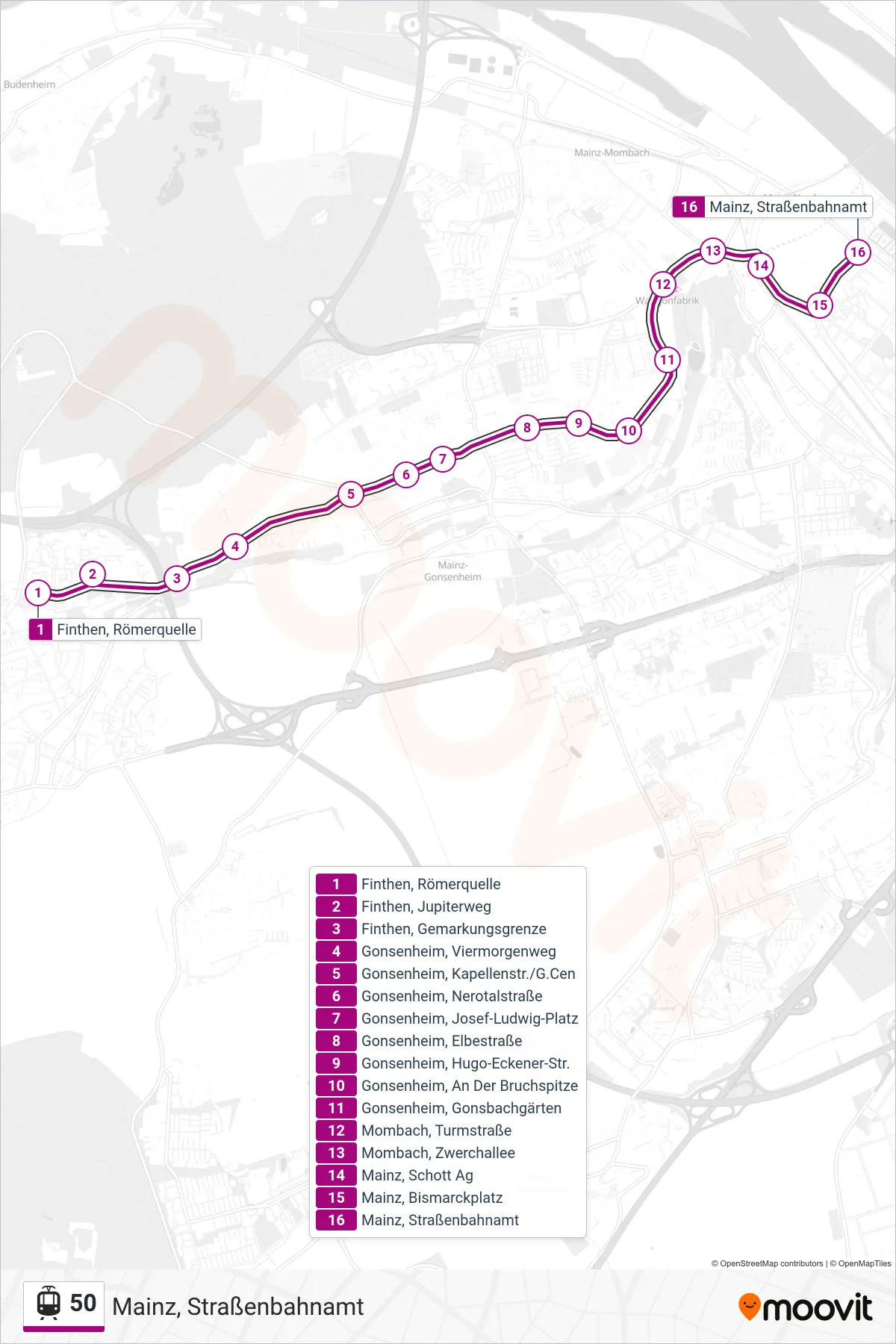 50 light rail Line (Mainz, Straßenbahnamt) route and stops on a map