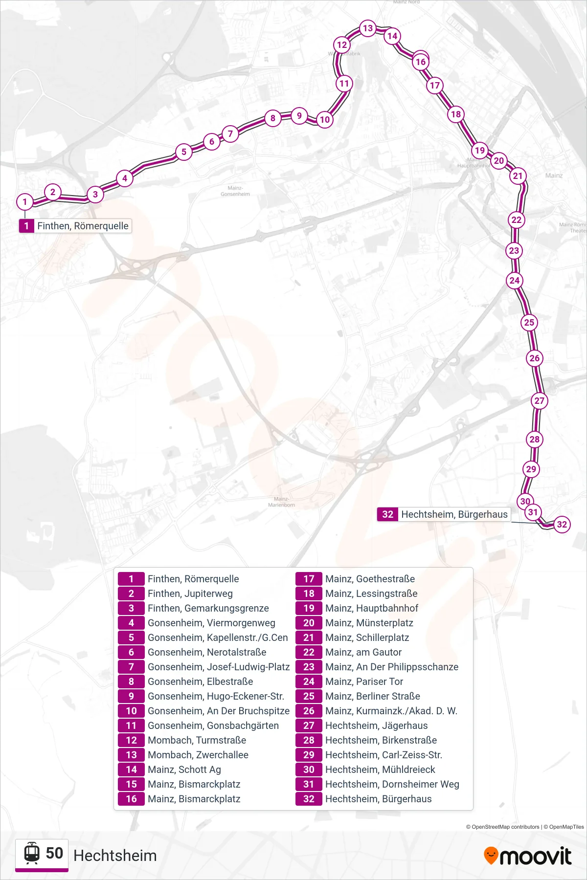 50 light rail Line (Hechtsheim) route and stops on a map