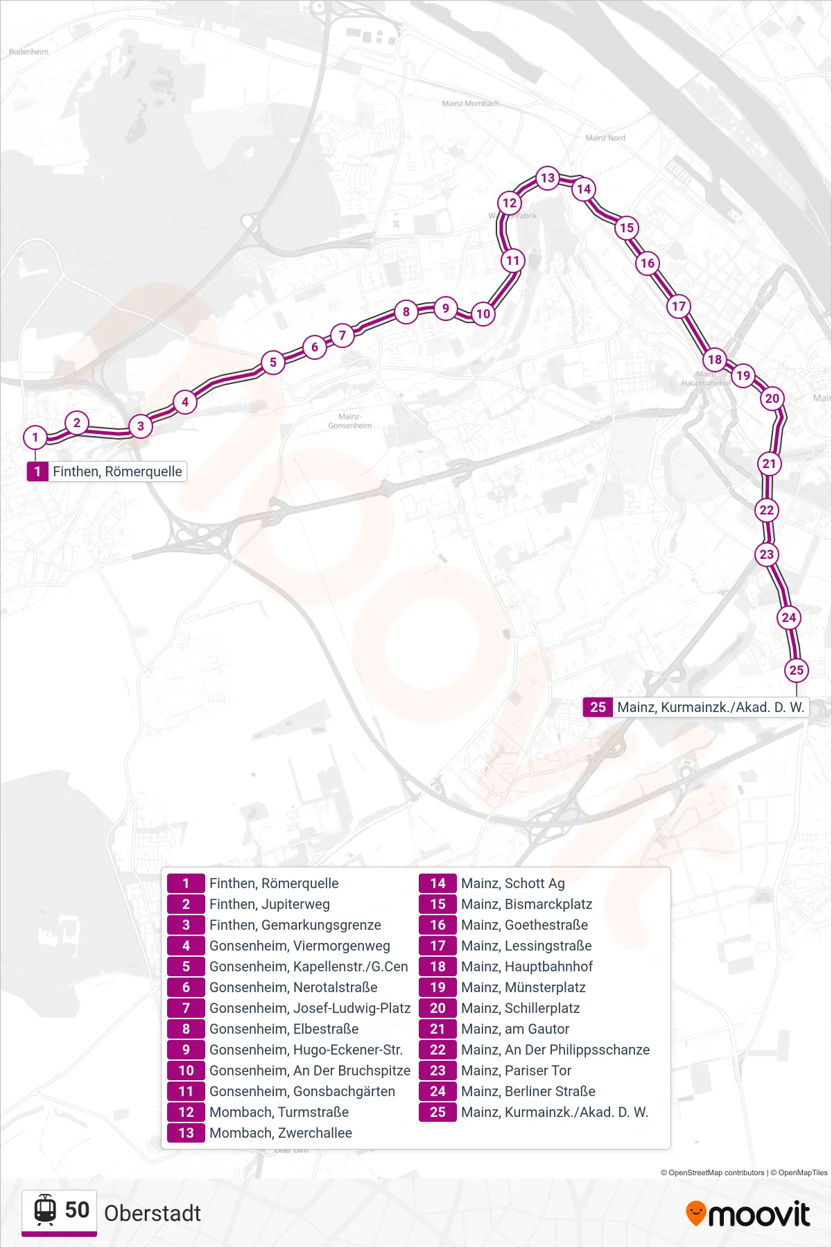 50 light rail Line (Oberstadt) route and stops on a map