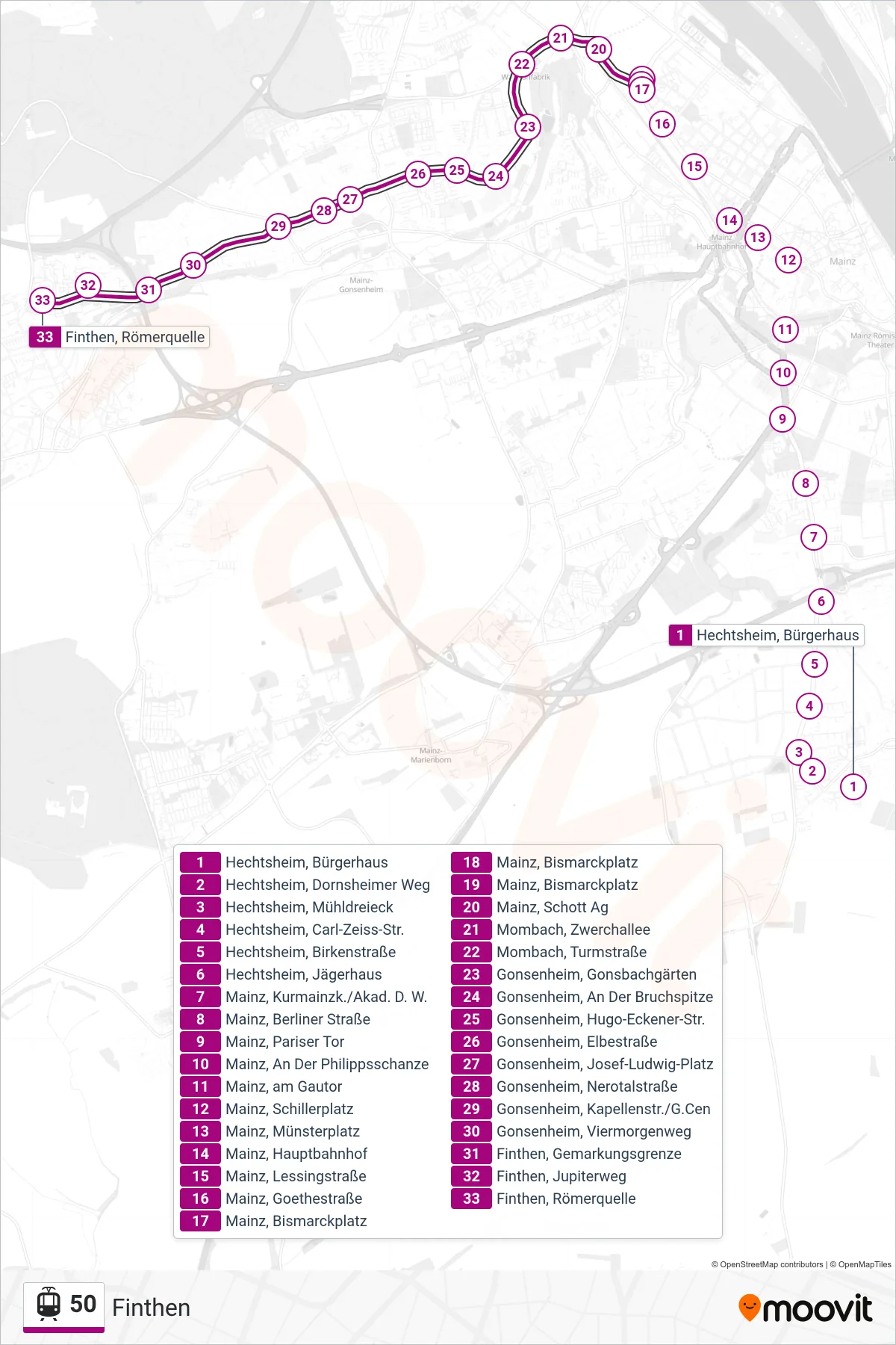 50 tram Line (Finthen) route and stops on a map