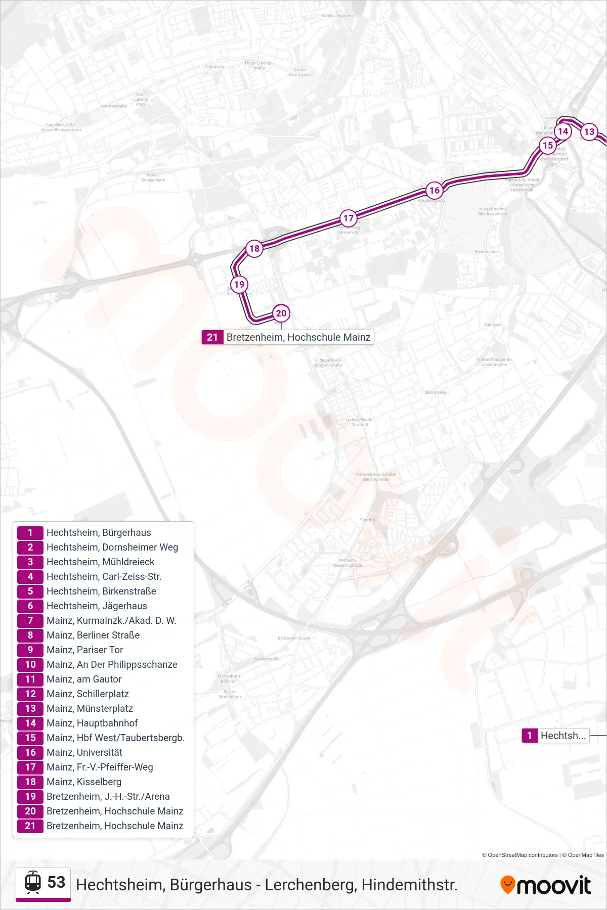 53 tram Line (Bretzenheim, Hochschule Mainz) route and stops on a map