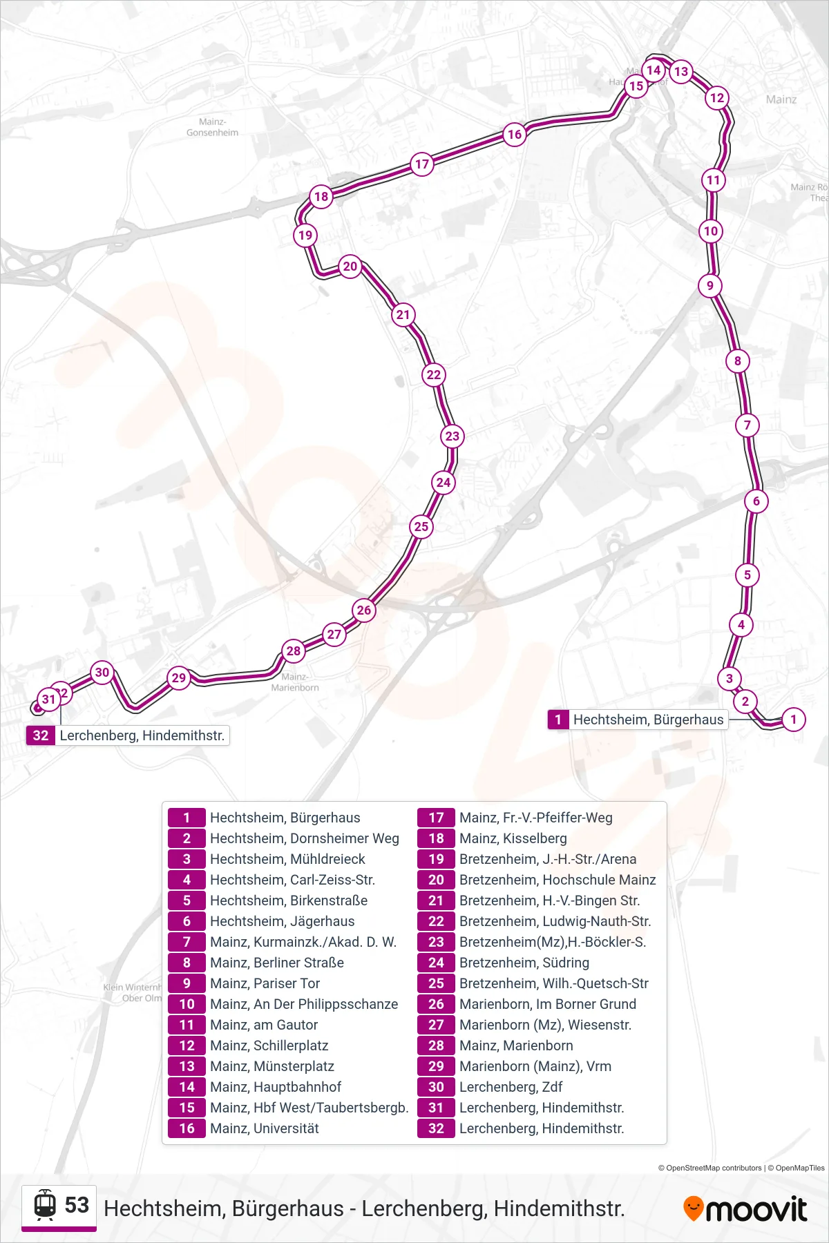 Linie 53 (Straßenbahn) Richtung Lerchenberg, Hindemithstr.: Route und Haltestellen auf der Karte