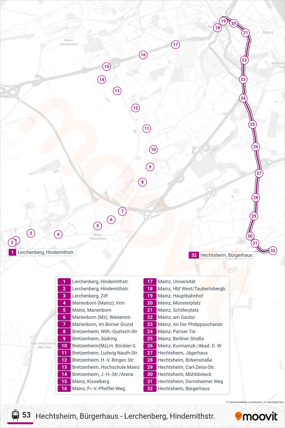 53 light rail Line (Hechtsheim) route and stops on a map