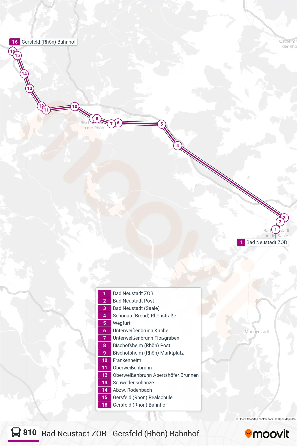 Linie 810 (Bus) Richtung Gersfeld (Rhön) Bahnhof: Route und Haltestellen auf der Karte
