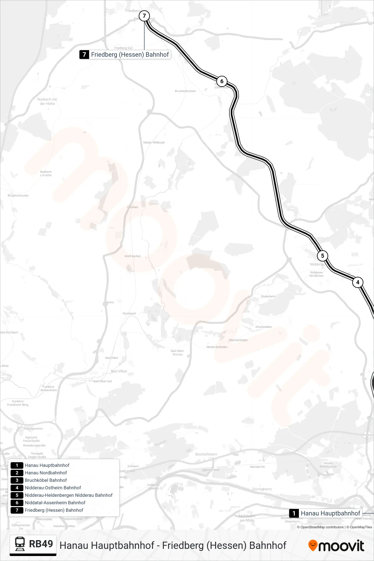 RB49 rail Line (Friedberg (Hessen) Bahnhof) route and stops on a map