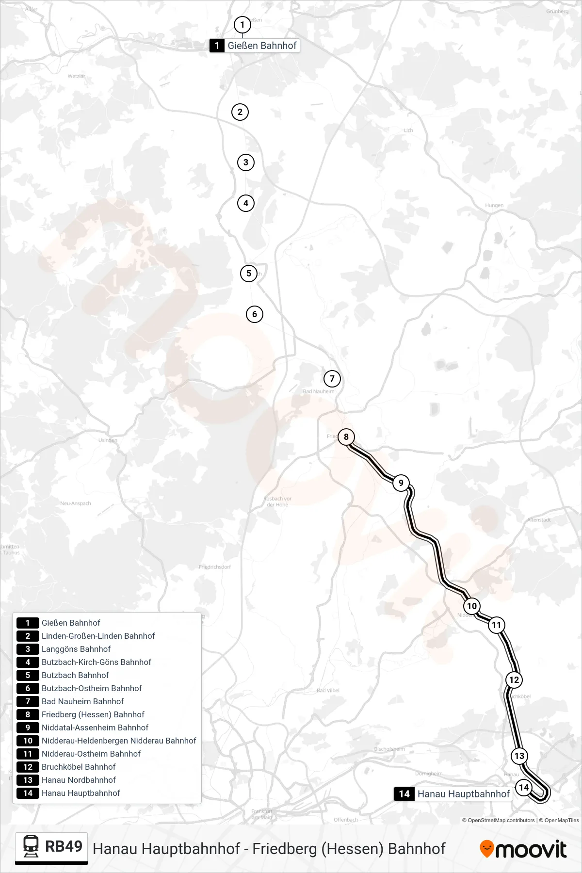 Linie RB49 (Bahn) Richtung Hanau Hauptbahnhof: Route und Haltestellen auf der Karte