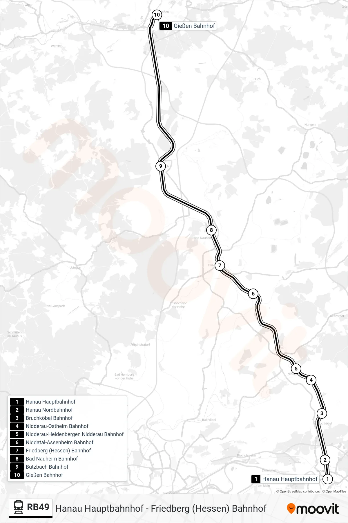 RB49 train Line (Gießen Bahnhof) route and stops on a map