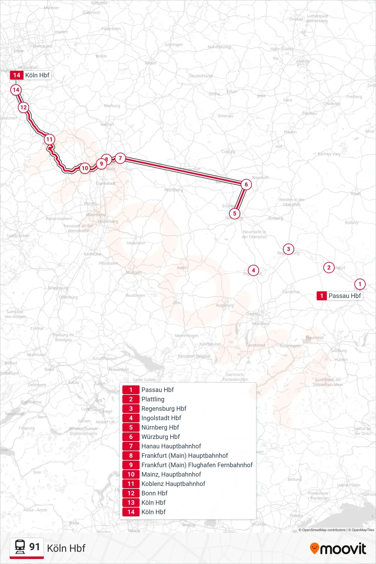 91 train Line (Köln Hbf) route and stops on a map