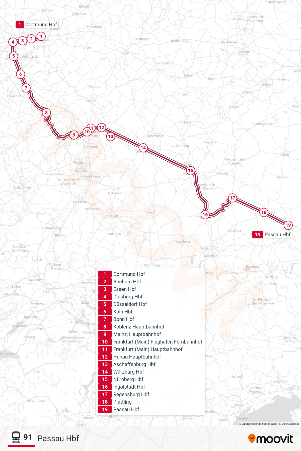 91 rail Line (Passau Hbf) route and stops on a map
