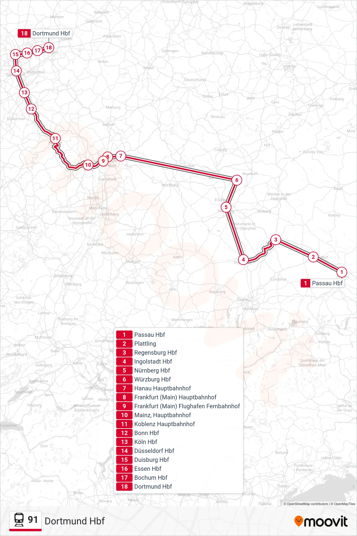 91 train Line (Dortmund Hbf) route and stops on a map