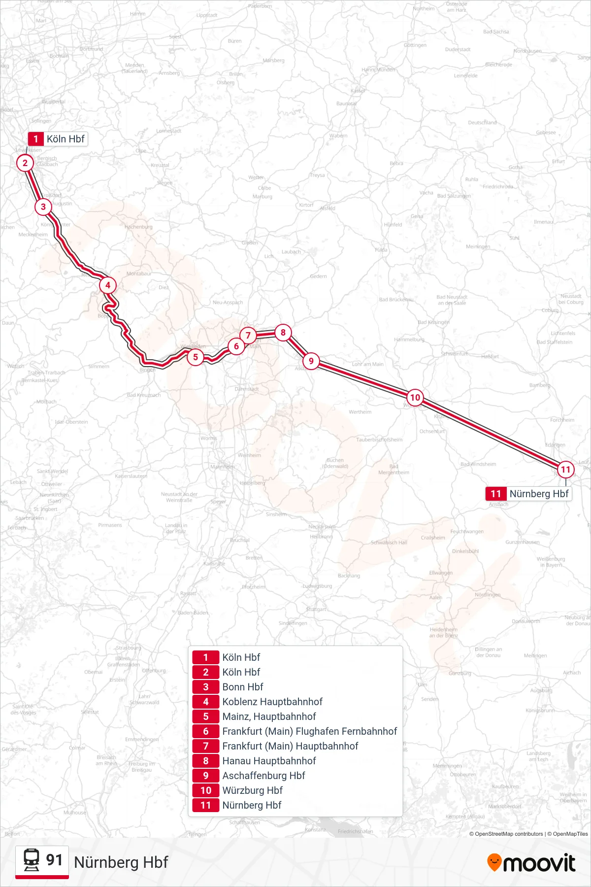 Linie 91 (Bahn) Richtung Nürnberg Hbf: Route und Haltestellen auf der Karte