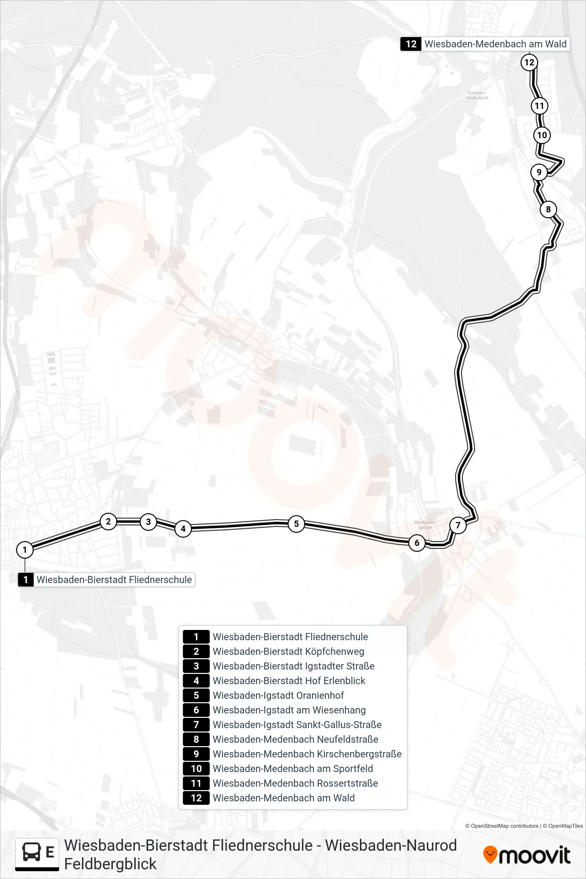 E bus Line (Wiesbaden-Medenbach am Wald) route and stops on a map