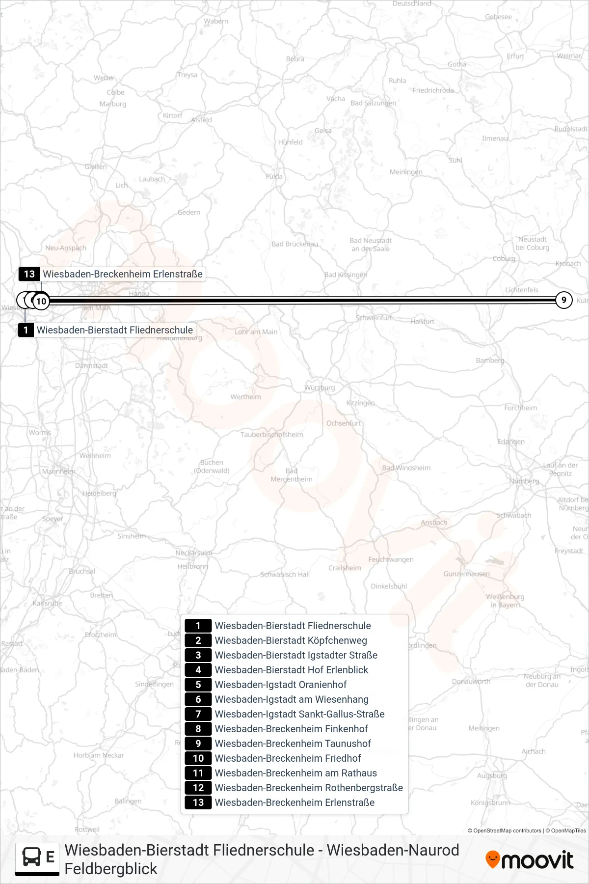 E bus Line (Wiesbaden-Breckenheim Erlenstraße) route and stops on a map