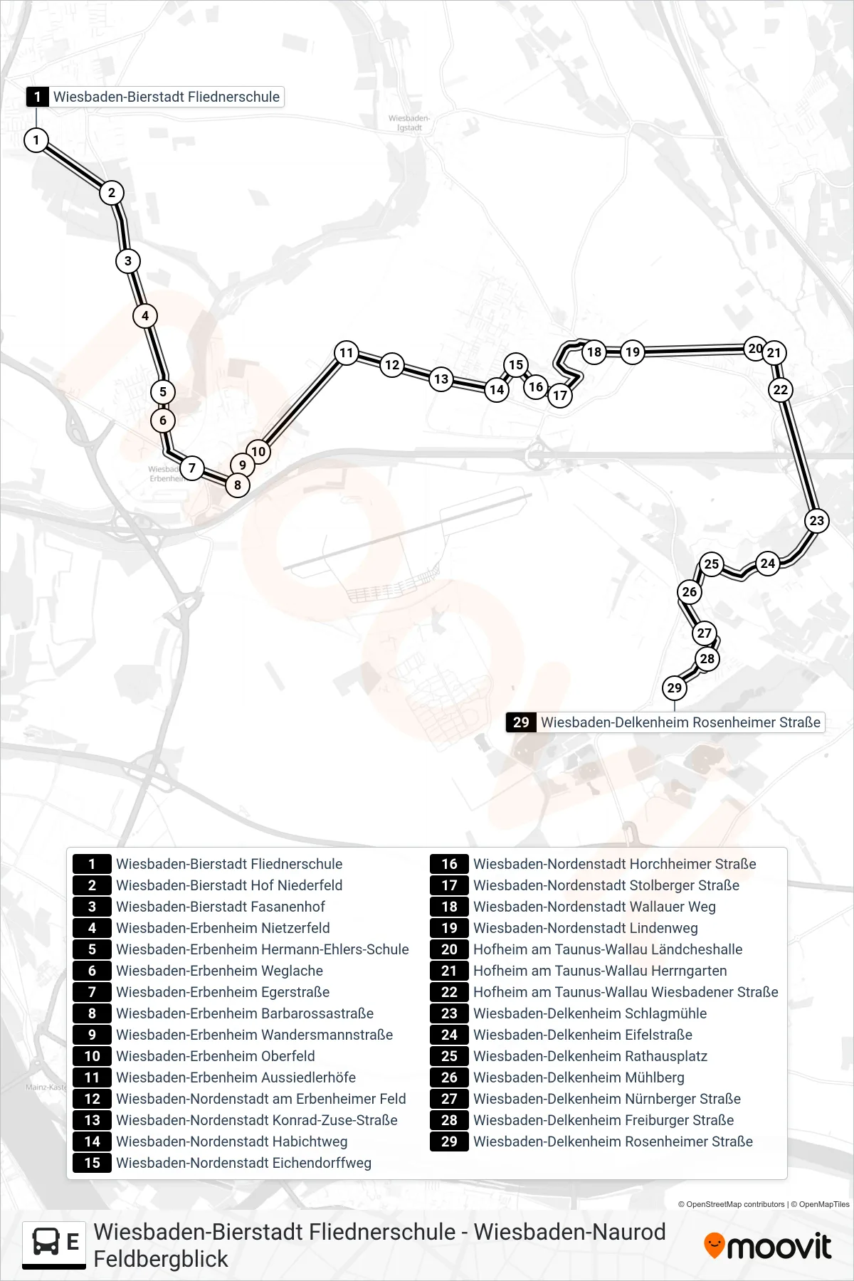 E bus Line (Wiesbaden-Delkenheim Rosenheimer Straße) route and stops on a map
