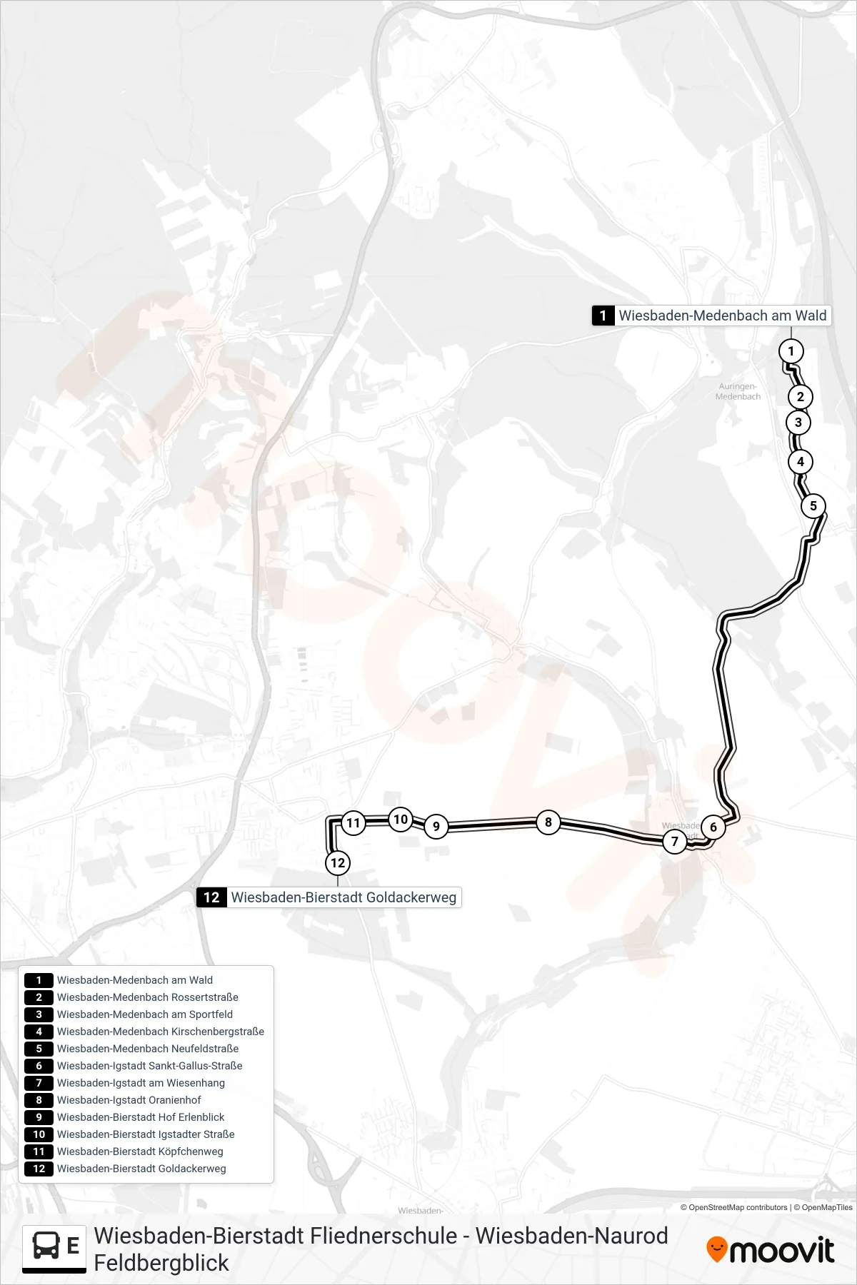 Linie E (Bus) Richtung Wiesbaden-Bierstadt Goldackerweg: Route und Haltestellen auf der Karte