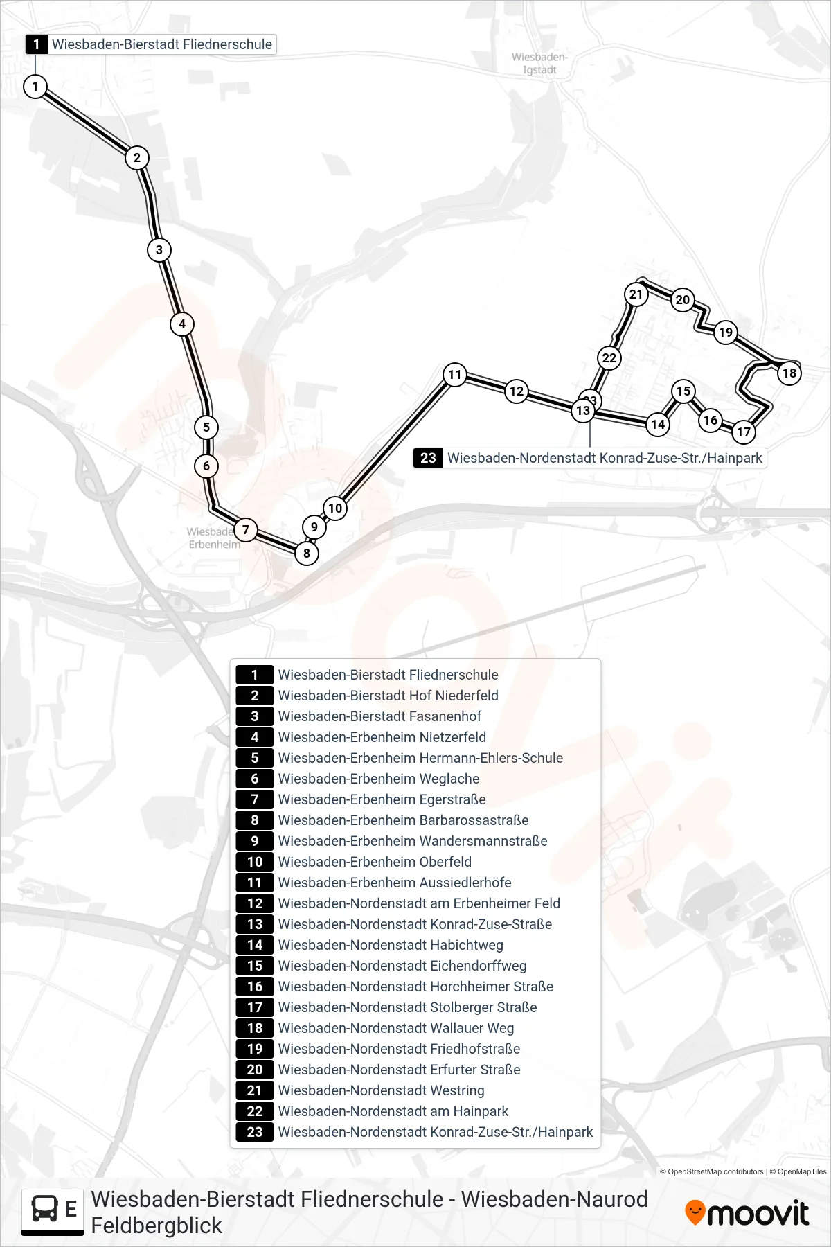 E bus Line (Wiesbaden-Nordenstadt Konrad-Zuse-Str./Hainpark) route and stops on a map