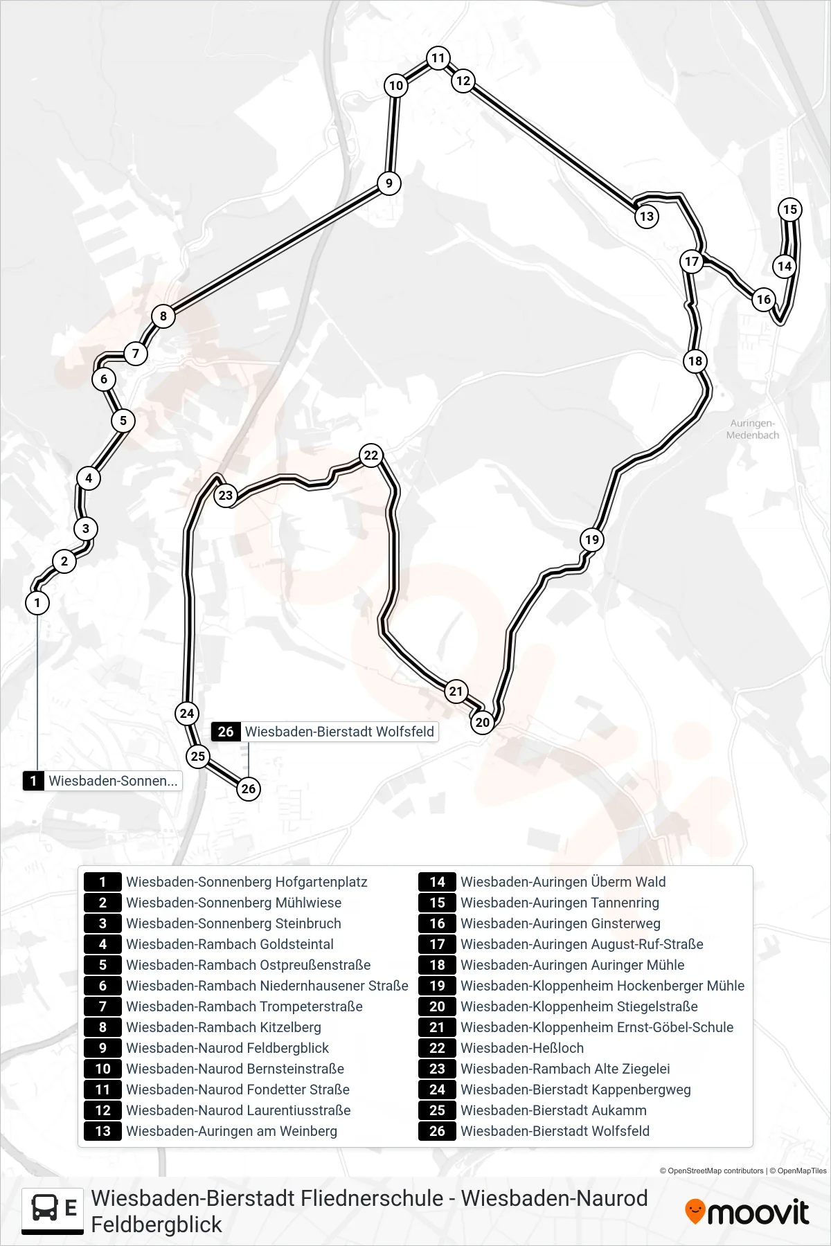 E bus Line (Wiesbaden-Bierstadt Wolfsfeld) route and stops on a map