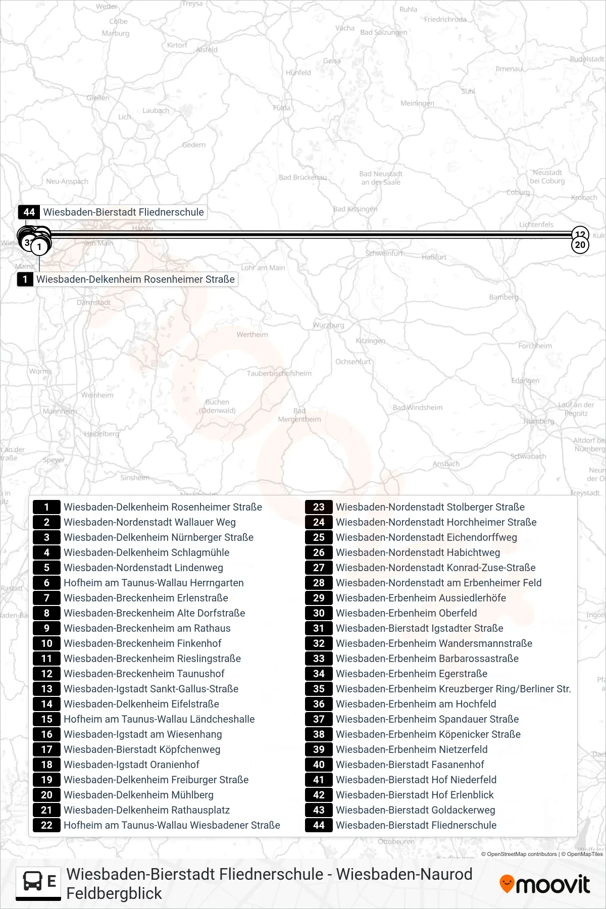 E bus Line (Wiesbaden-Bierstadt Fliednerschule) route and stops on a map