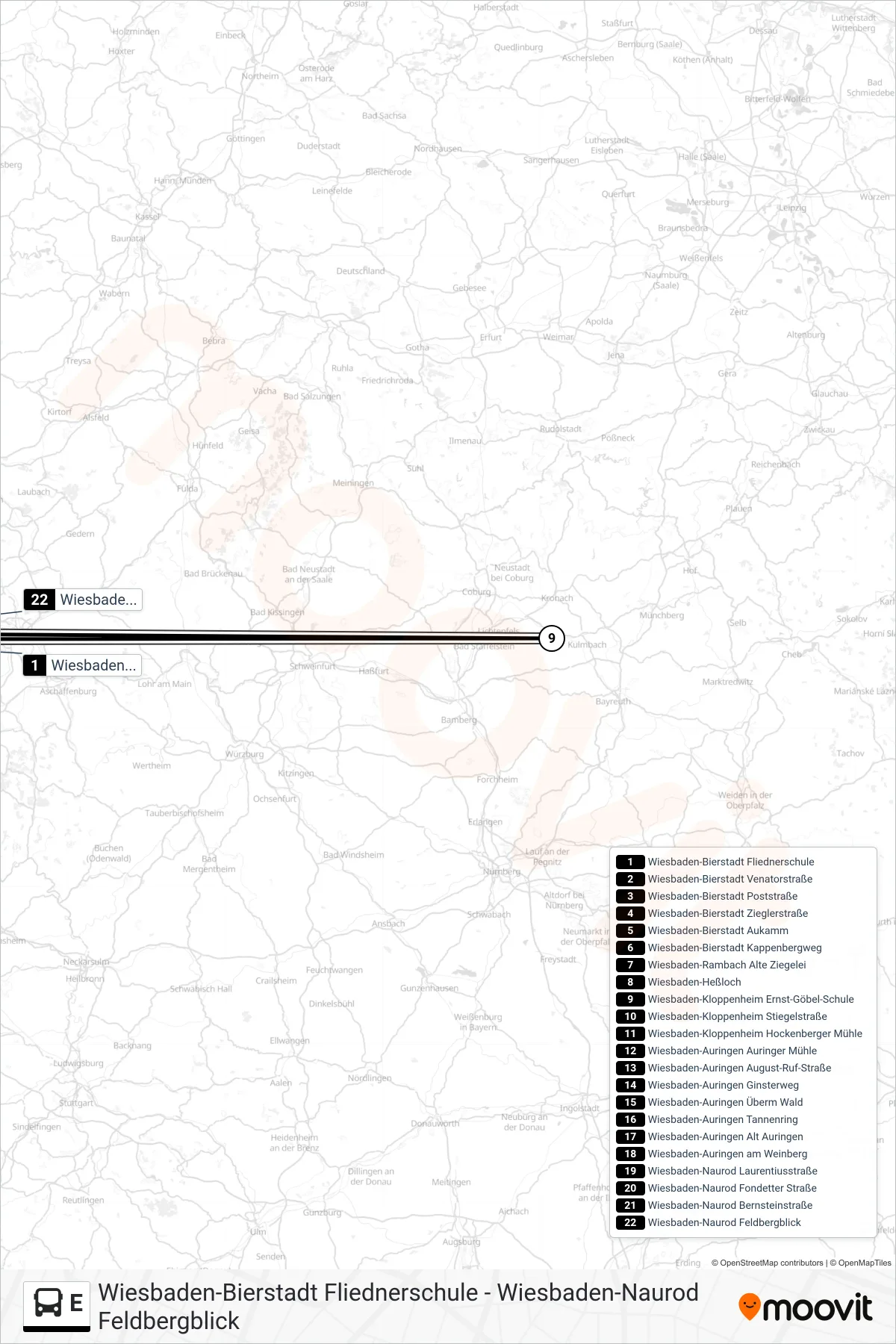 E bus Line (Wiesbaden-Naurod Feldbergblick) route and stops on a map