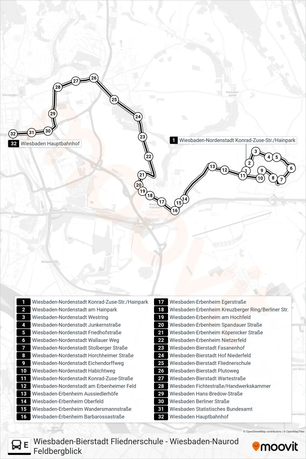 E bus Line (Wiesbaden Hauptbahnhof) route and stops on a map