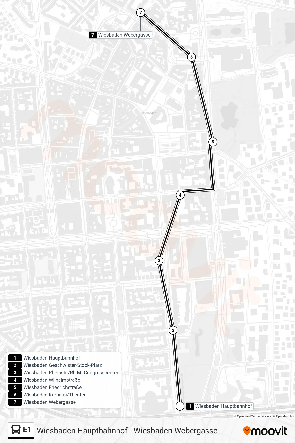 Linie E1 (Bus) Richtung Wiesbaden Webergasse: Route und Haltestellen auf der Karte