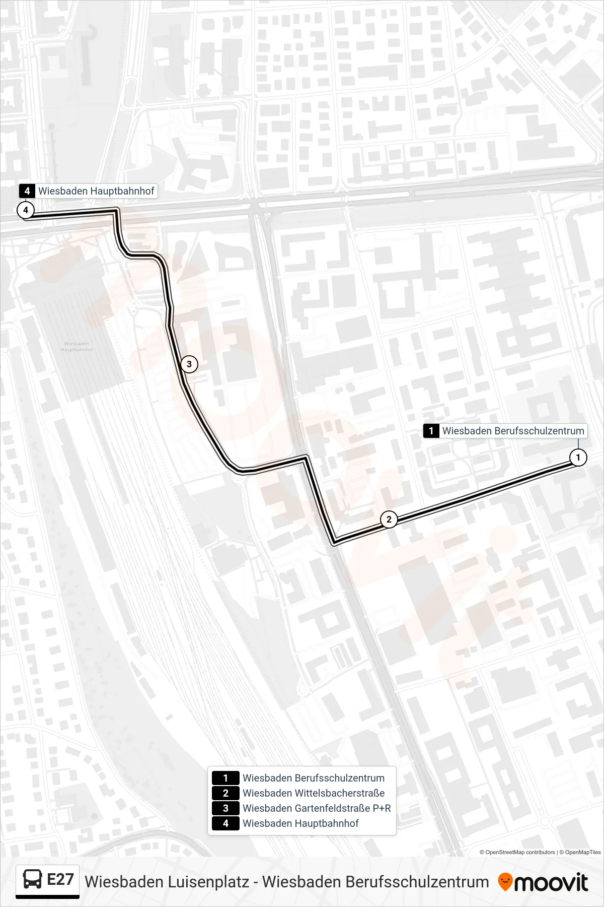 E27 bus Line (Wiesbaden Hauptbahnhof) route and stops on a map