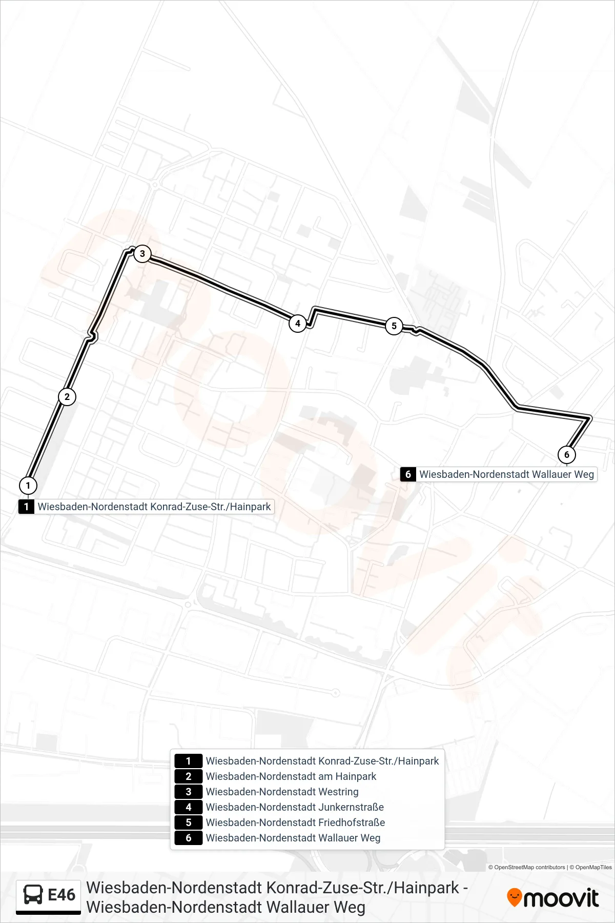E46 bus Line (Wiesbaden-Nordenstadt Wallauer Weg) route and stops on a map