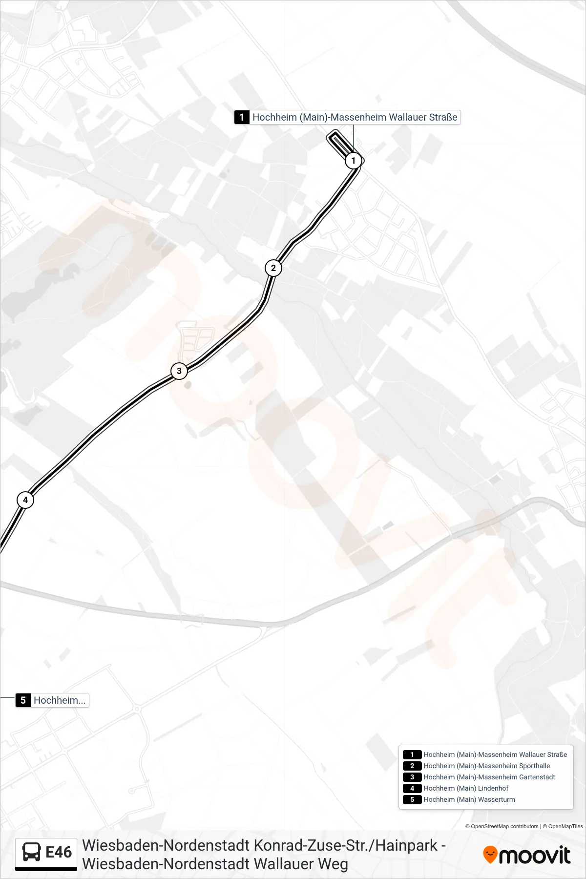 Linie E46 (Bus) Richtung Hochheim (Main) Wasserturm: Route und Haltestellen auf der Karte