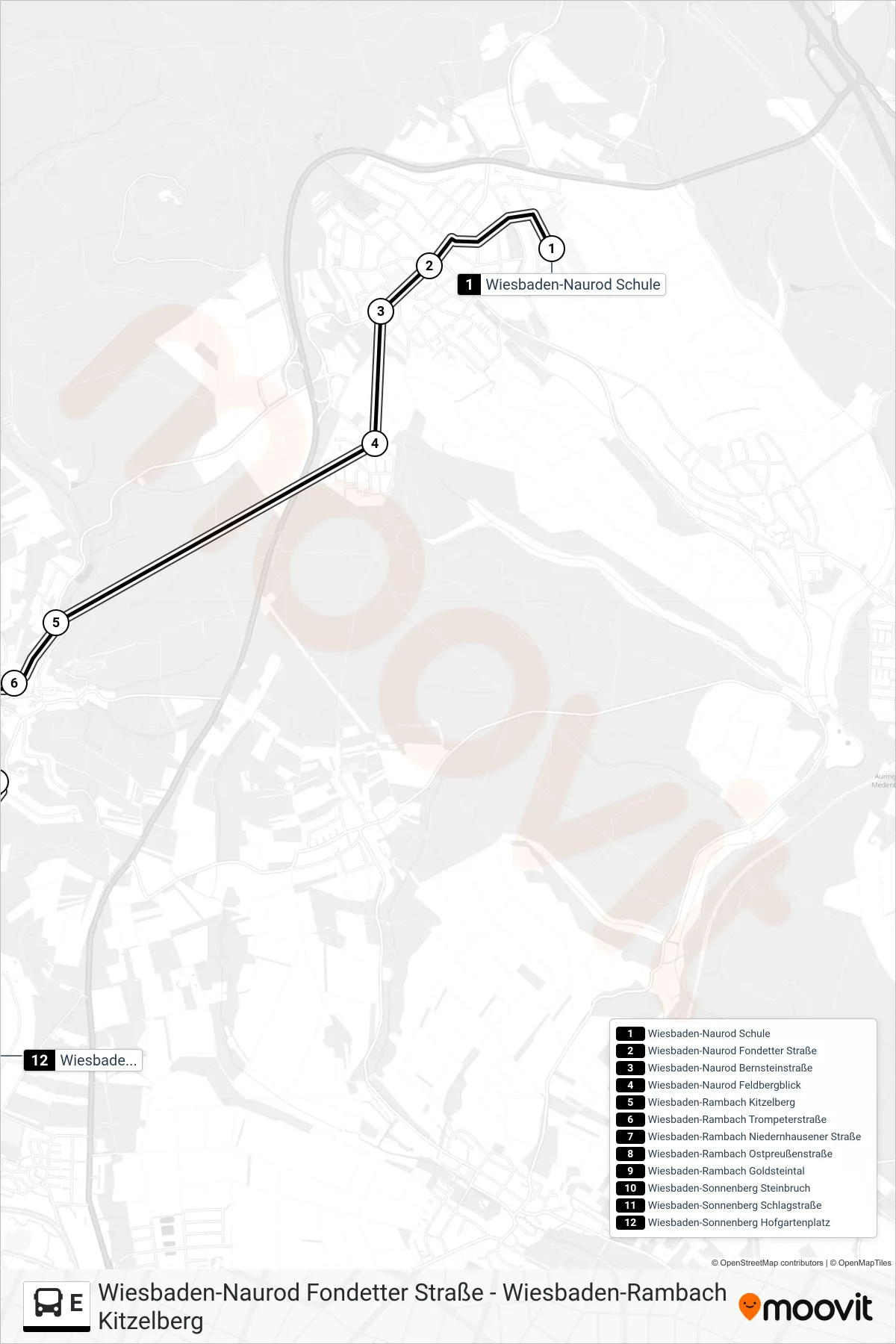 Linie E (Bus) Richtung Wiesbaden-Sonnenberg Hofgartenplatz: Route und Haltestellen auf der Karte