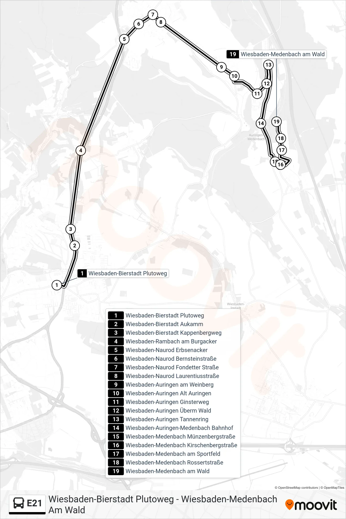 Linie E21 (Bus) Richtung Wiesbaden-Medenbach am Wald: Route und Haltestellen auf der Karte